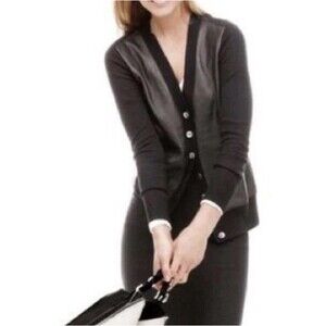 J.CREW COLLECTION LEATHER-FRONT MERINO Wool CARDIGAN Black Button Front XS 03802